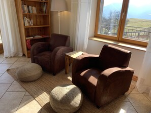 Smart TV, fireplace, DVD player, books