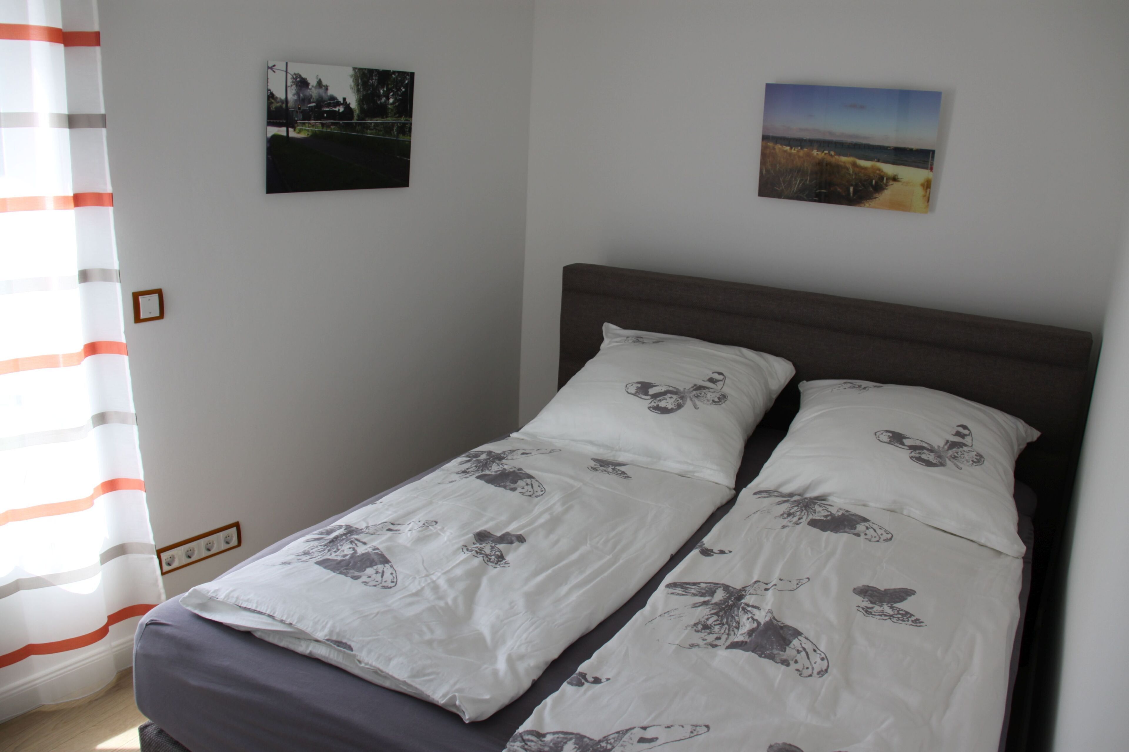 A single bed with a headboard, white bedding with a dog pattern, and two wall-mounted pictures depicting outdoor scenes.