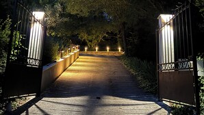 Un chemin pavé qui traverse une entrée fermée par un portail, entourée d’arbres, et dont le long duquel sont disposés des lampadaires.