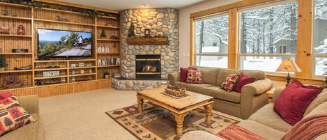 Smart TV, fireplace, video games, DVD player