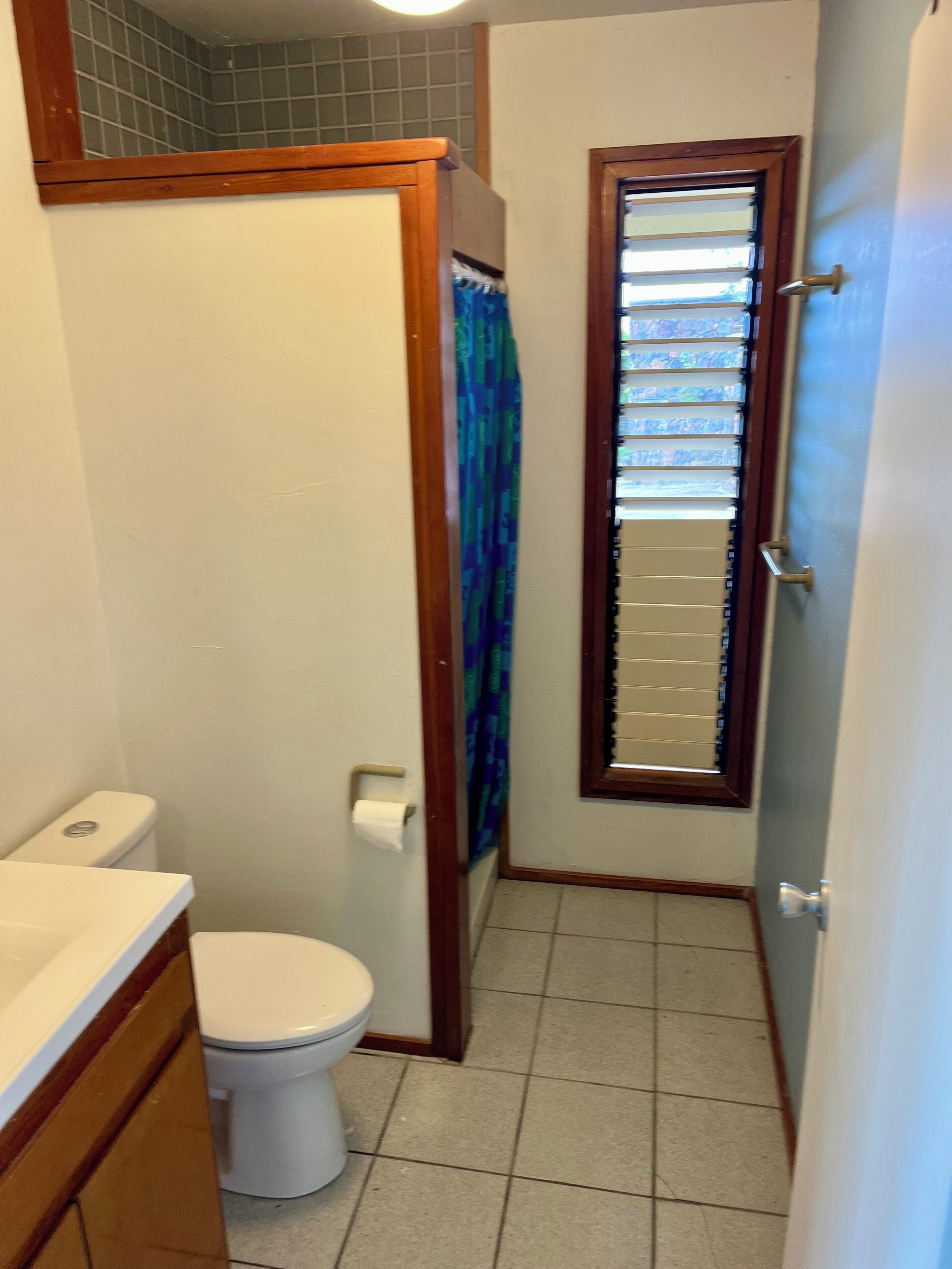A small bathroom with a toilet, a sink, a shower curtain, and a window with blinds.