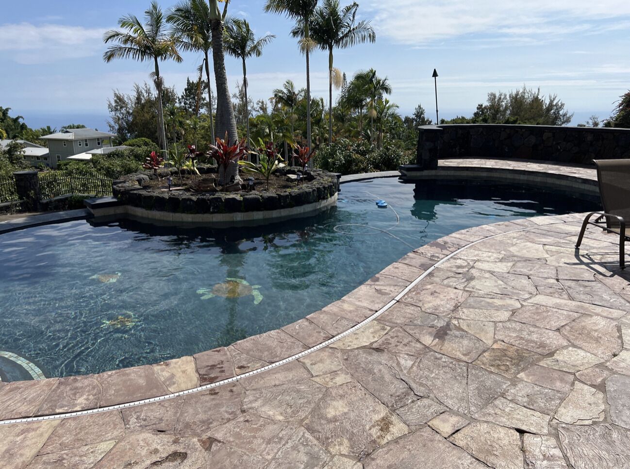 A pool with a stone deck, surrounded by palm trees and a view of the ocean.