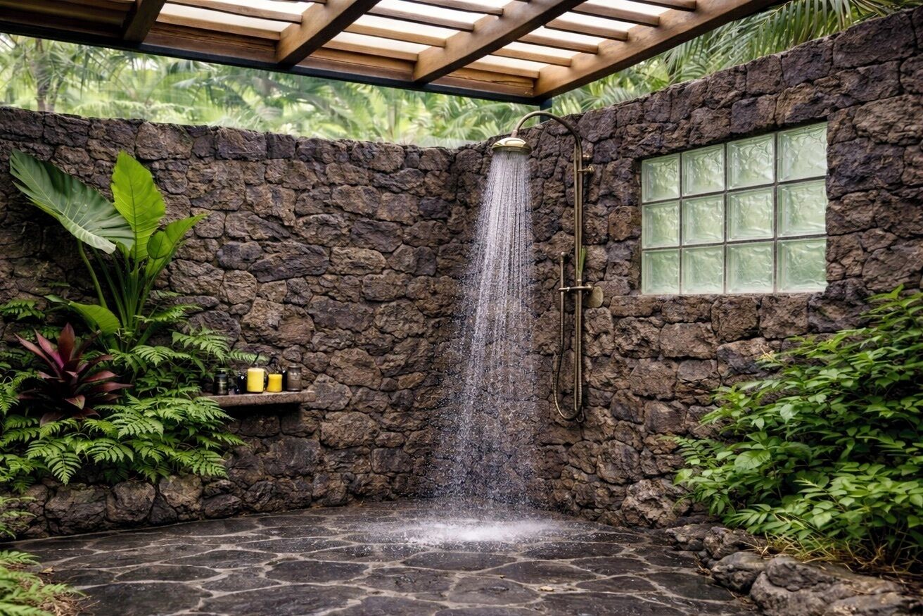 Zona de ducha con paredes de piedra y caída de agua, rodeada de abundante vegetación y techo de madera.