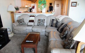 Smart-tv, eldstad, dvd-spelare och böcker