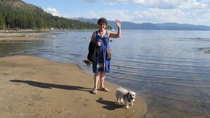 Una persona de pie en una playa arenosa con un perro, cerca de una masa de agua y montañas al fondo.