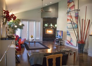 Smart TV, fireplace, DVD player, books