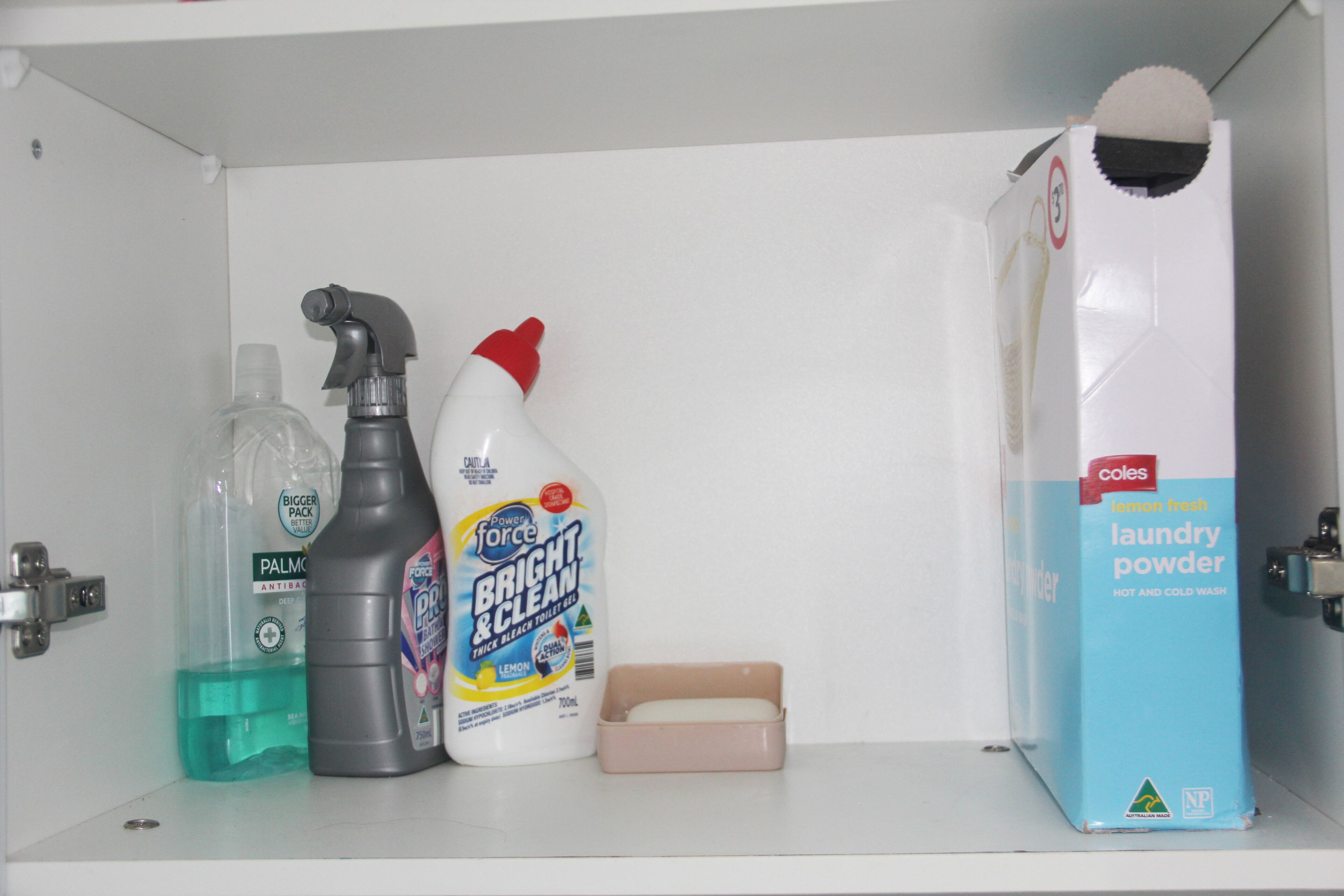 A shelf with cleaning supplies including a bottle of Power & Care Bright & Clean toilet cleaner, a bottle of Palmolive dish soap, and a box of Coles laundry powder.