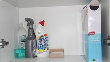 A shelf with cleaning supplies including a bottle of Power & Care Bright & Clean toilet cleaner, a bottle of Palmolive dish soap, and a box of Coles laundry powder.