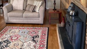 Un salon avec un canapé, un tapis à motifs, une cheminée et un téléviseur fixé à un mur en bois.