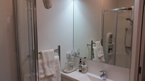 Shower, hair dryer, towels, soap