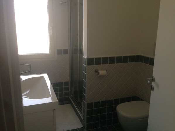 A bathroom with a white sink, a toilet, and a shower area.
