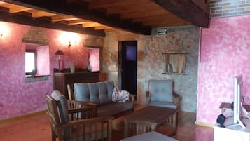 Een televisie, een open haard, een dvd-speler en boeken