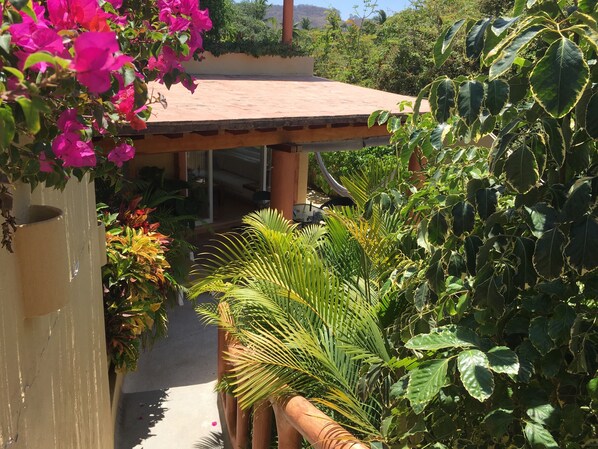 A garden with a variety of plants and flowers, a tiled patio, and a building with a tiled roof.