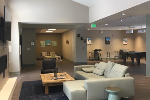 Lounge area with large screen TV, pool table, kids area, business center