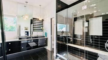 Bathtub, hair dryer, heated floors, towels