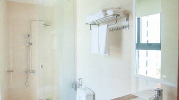 Shower, free toiletries, hair dryer, slippers