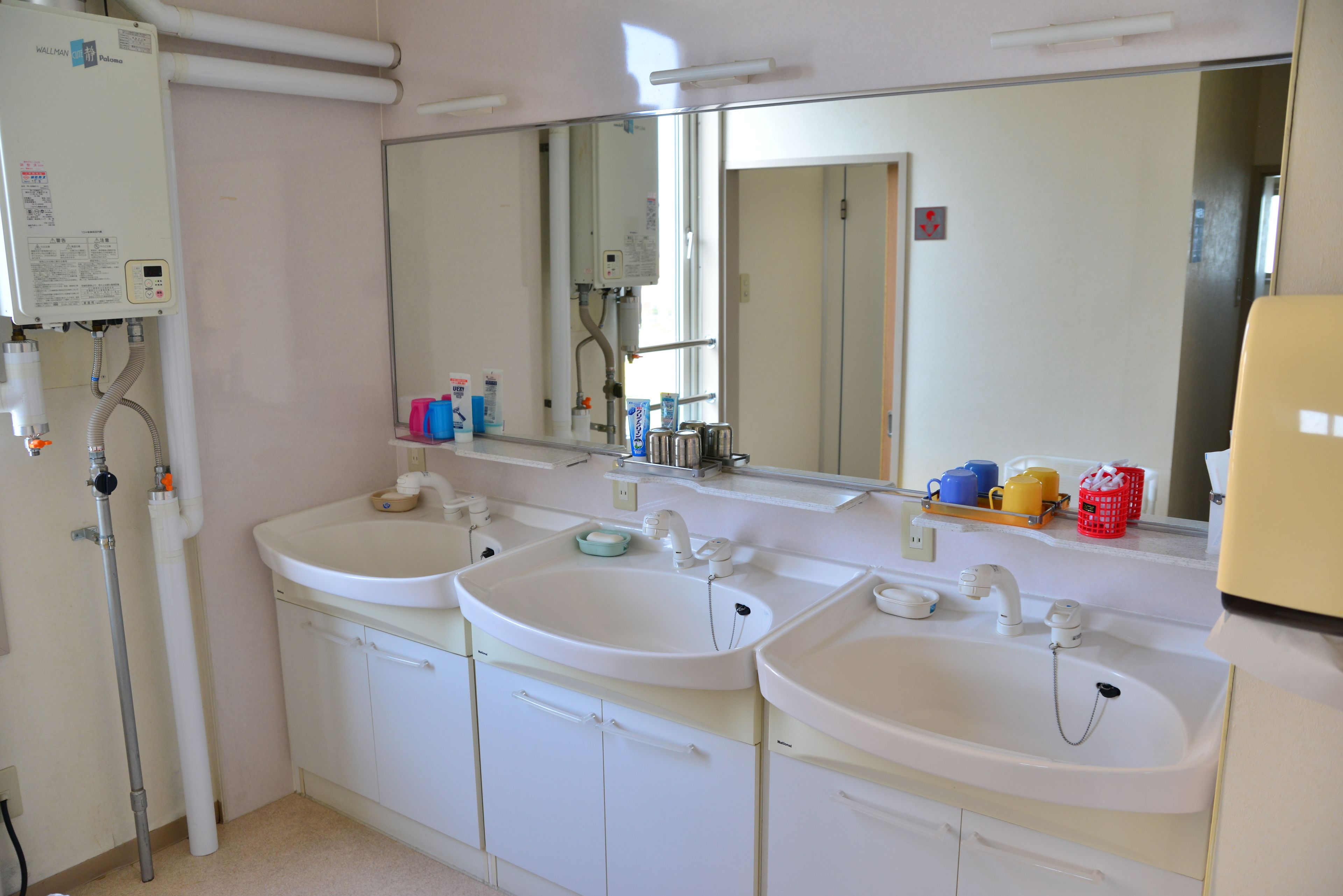 A bathroom with two sinks, a mirror, and a shower.