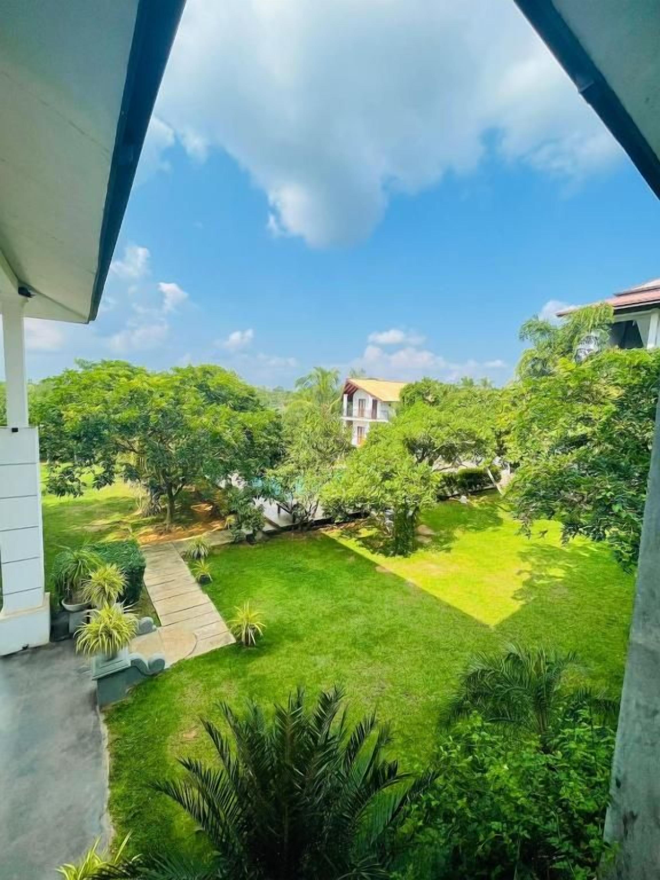 Vista de um jardim verdejante com céu claro, um caminho e um edifício ao fundo.