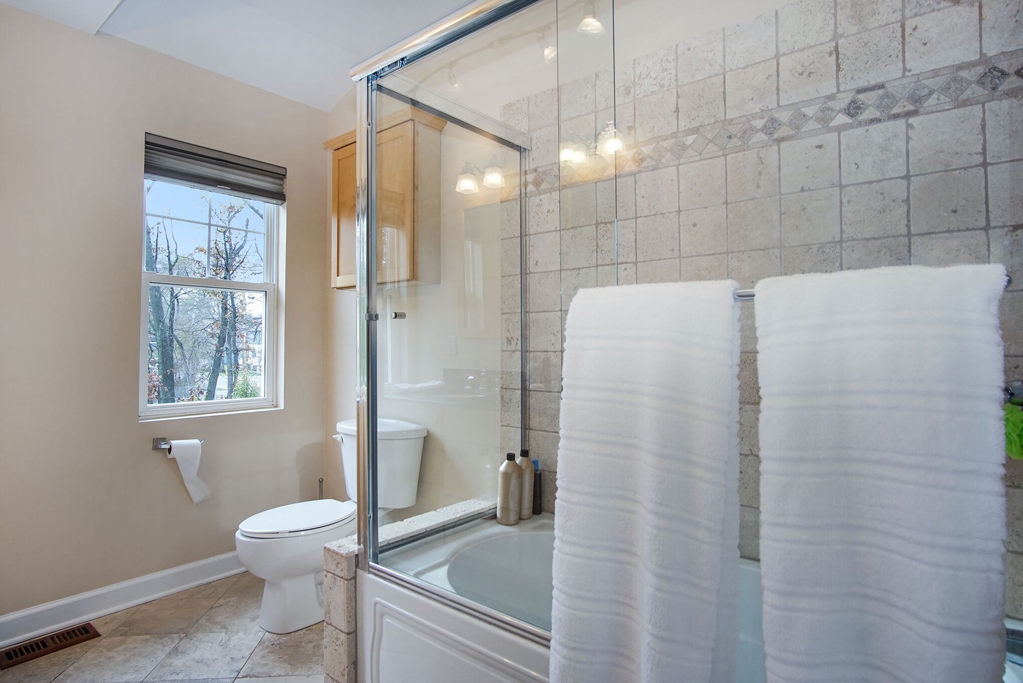 Hair dryer, towels, soap, shampoo