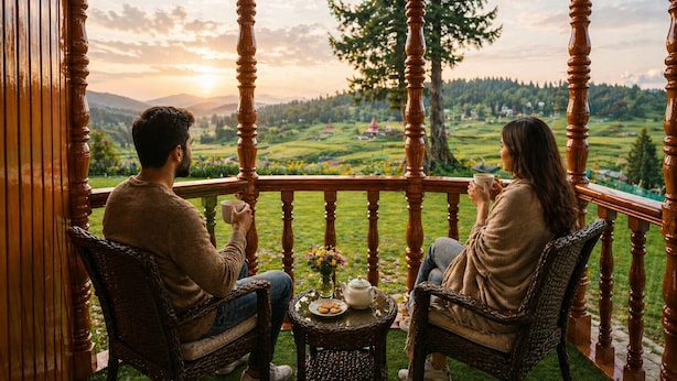 Two people sitting on wicker chairs on a balcony with a view of a green landscape and a sunset. - Pine View Resort - Gulmarg (Baramula)