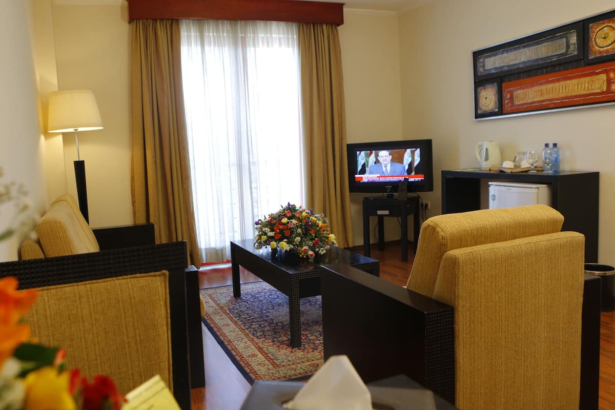 A hotel room with a sofa, armchair, TV, and a small table with a vase of flowers.