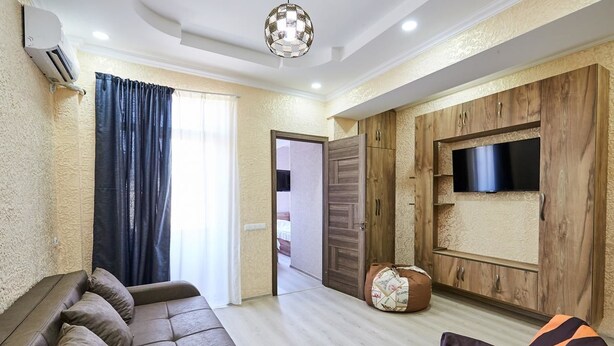 A living room with a sofa, a bean bag, a TV mounted on a wooden wall, and a ceiling light fixture. - Flat 013 (Tbilisi)