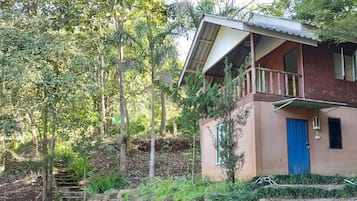 A two-story building with a balcony, surrounded by dense greenery and trees.