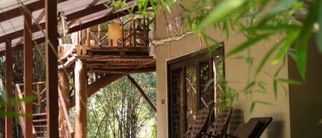 Une structure en bois avec vue sur un jardin de bambous, une terrasse en bois et deux chaises longues.
