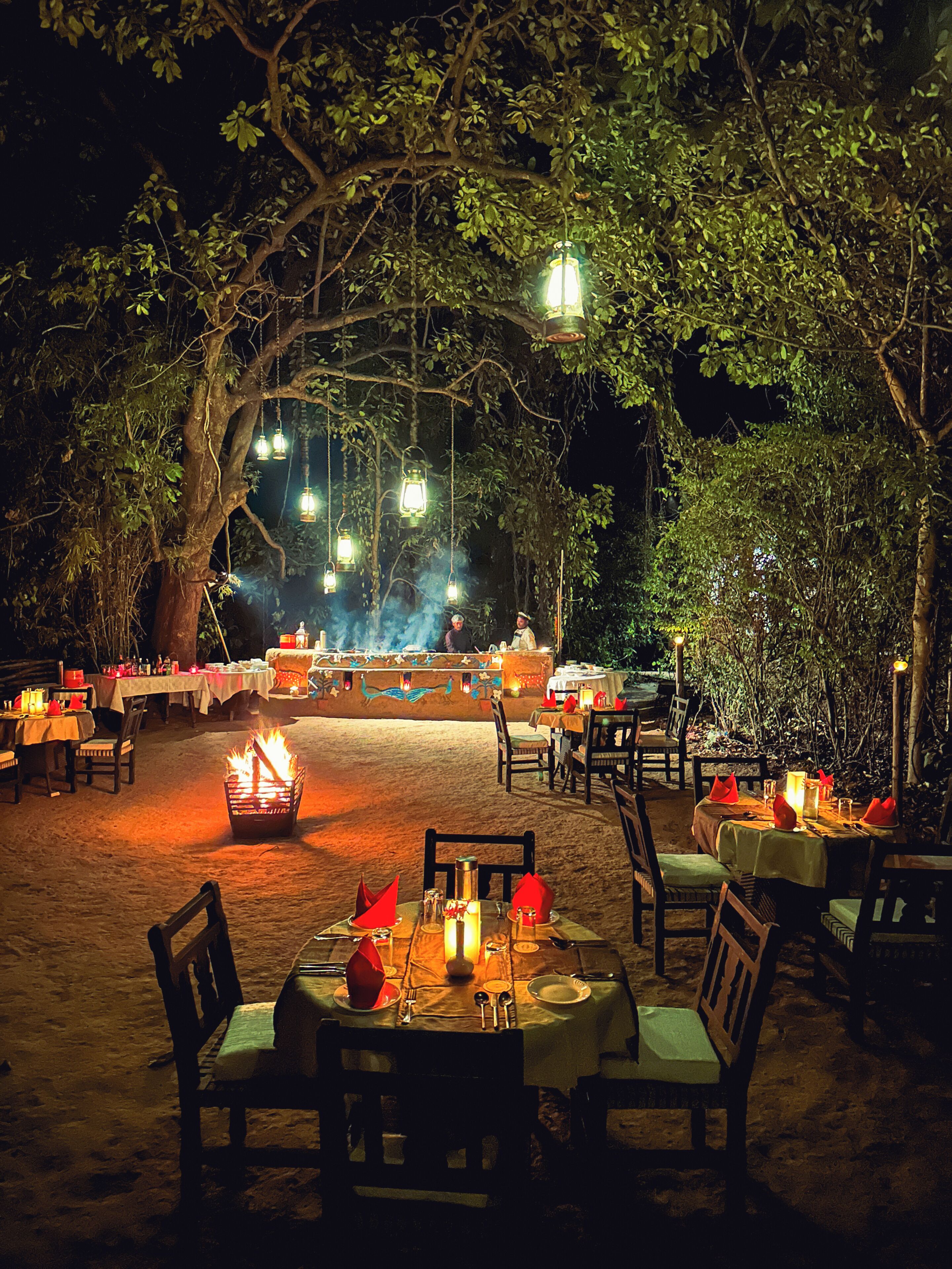 An outdoor dining area with tables set for meals, surrounded by trees and a fire pit.