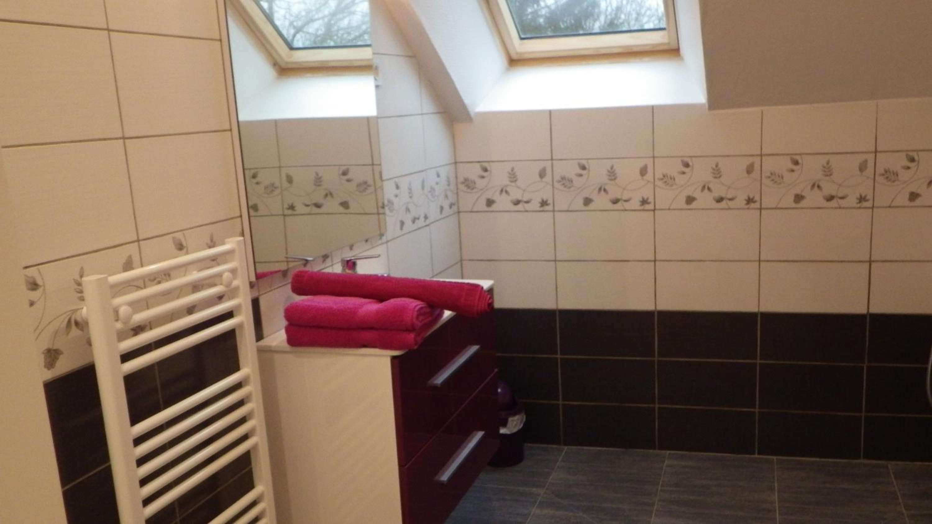 A bathroom with a skylight, a white towel rack, a vanity with a mirror, and a black tiled wall.