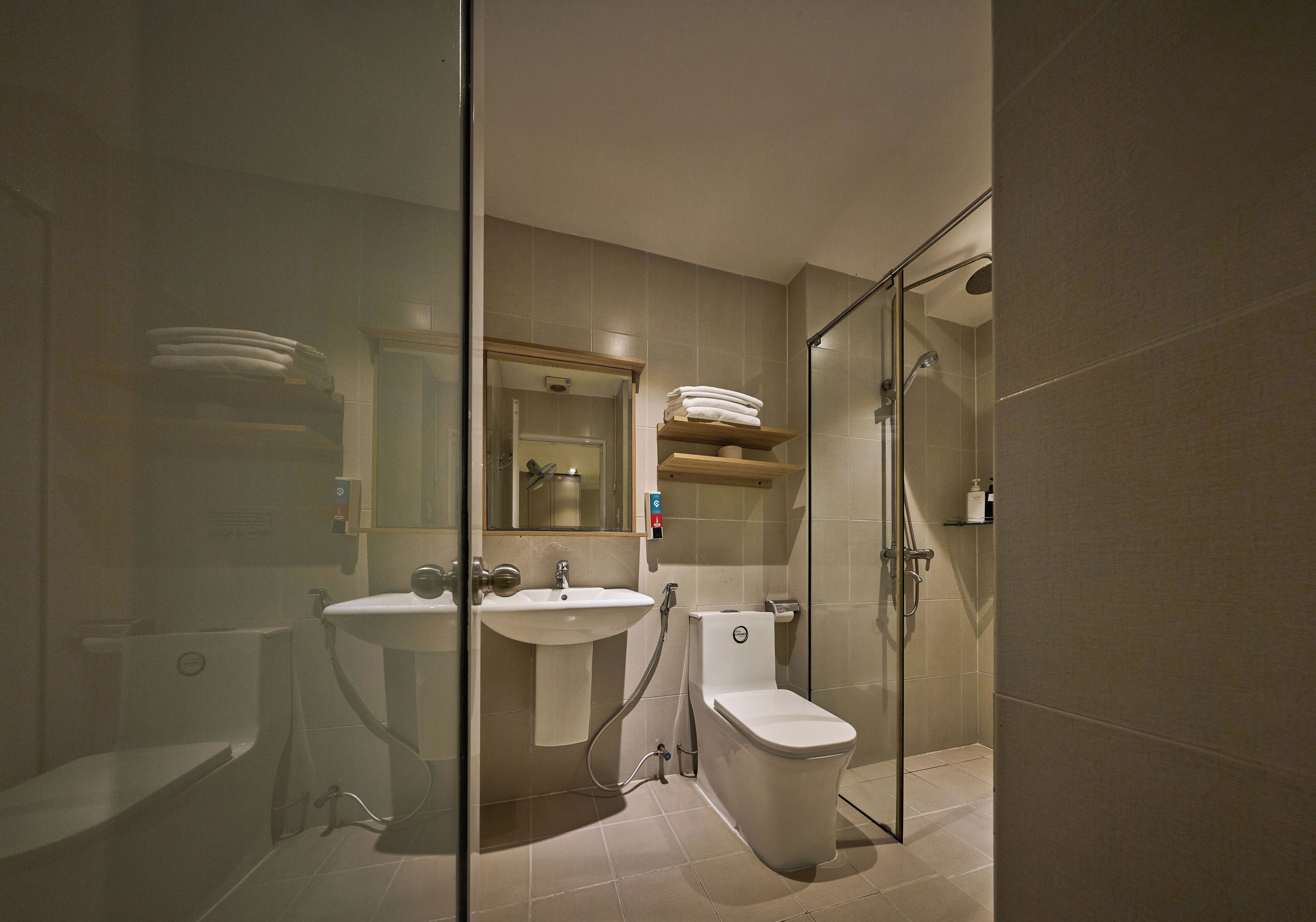 A modern bathroom with a glass shower enclosure, a white sink, and a toilet.