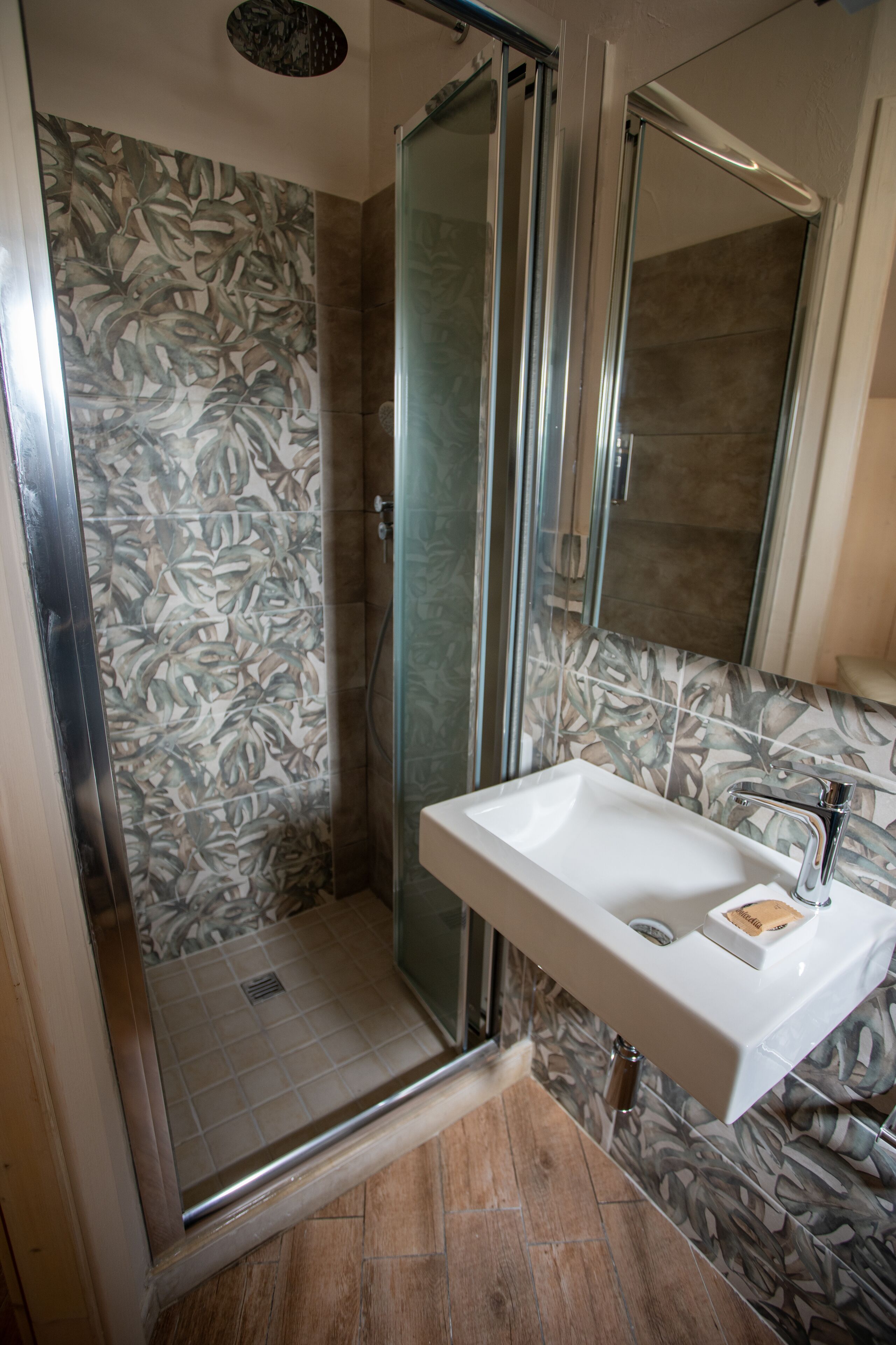 Une salle de bain avec une douche, un lavabo et un miroir.