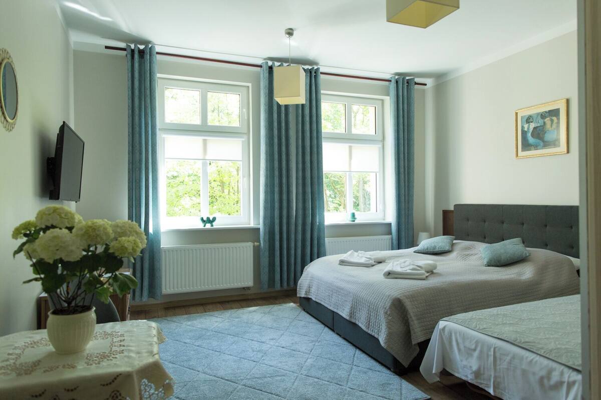 A bedroom with two beds, a radiator, a window with curtains, a plant, and a painting on the wall.