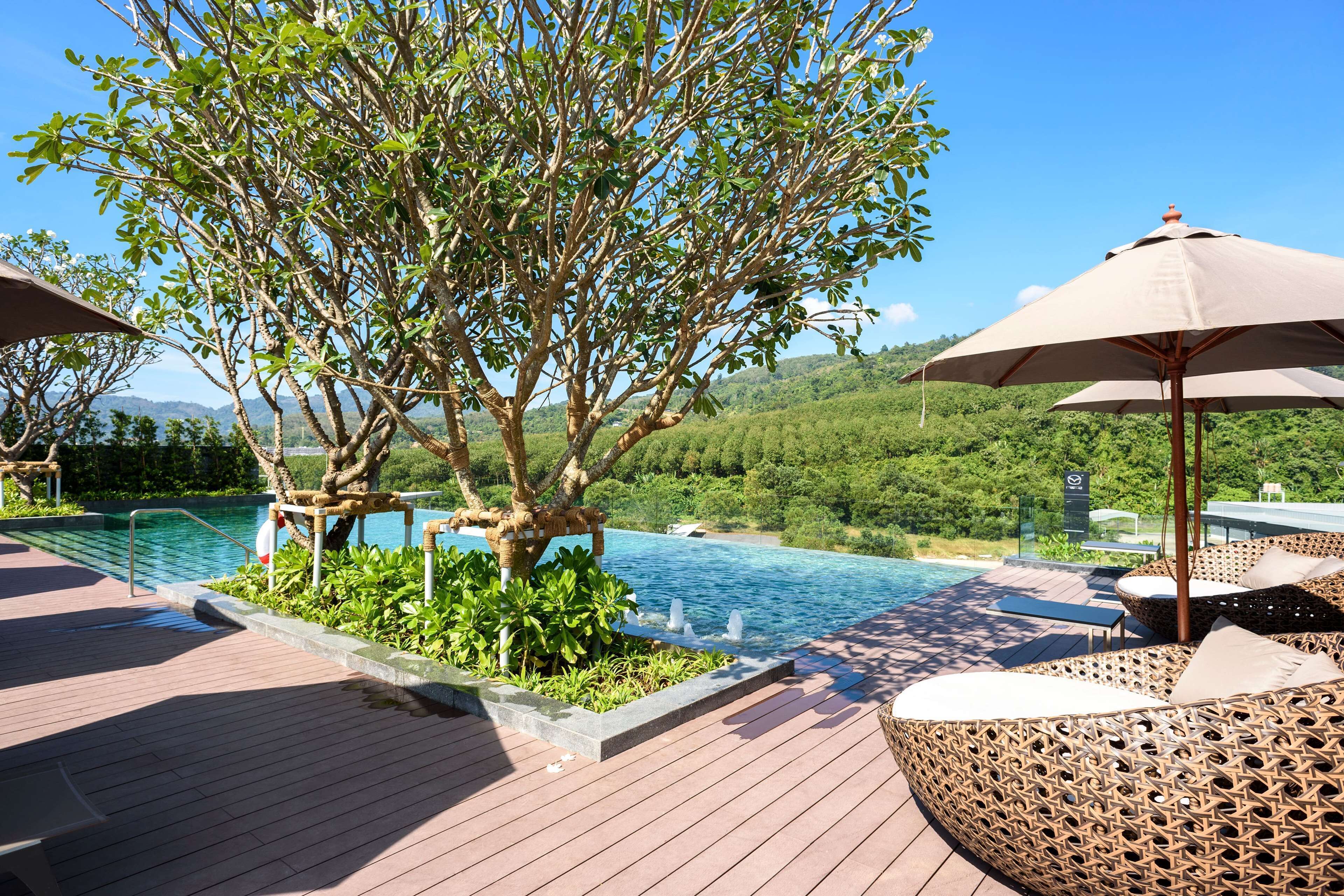 Una piscina al aire libre, sombrillas, sillones reclinables de piscina