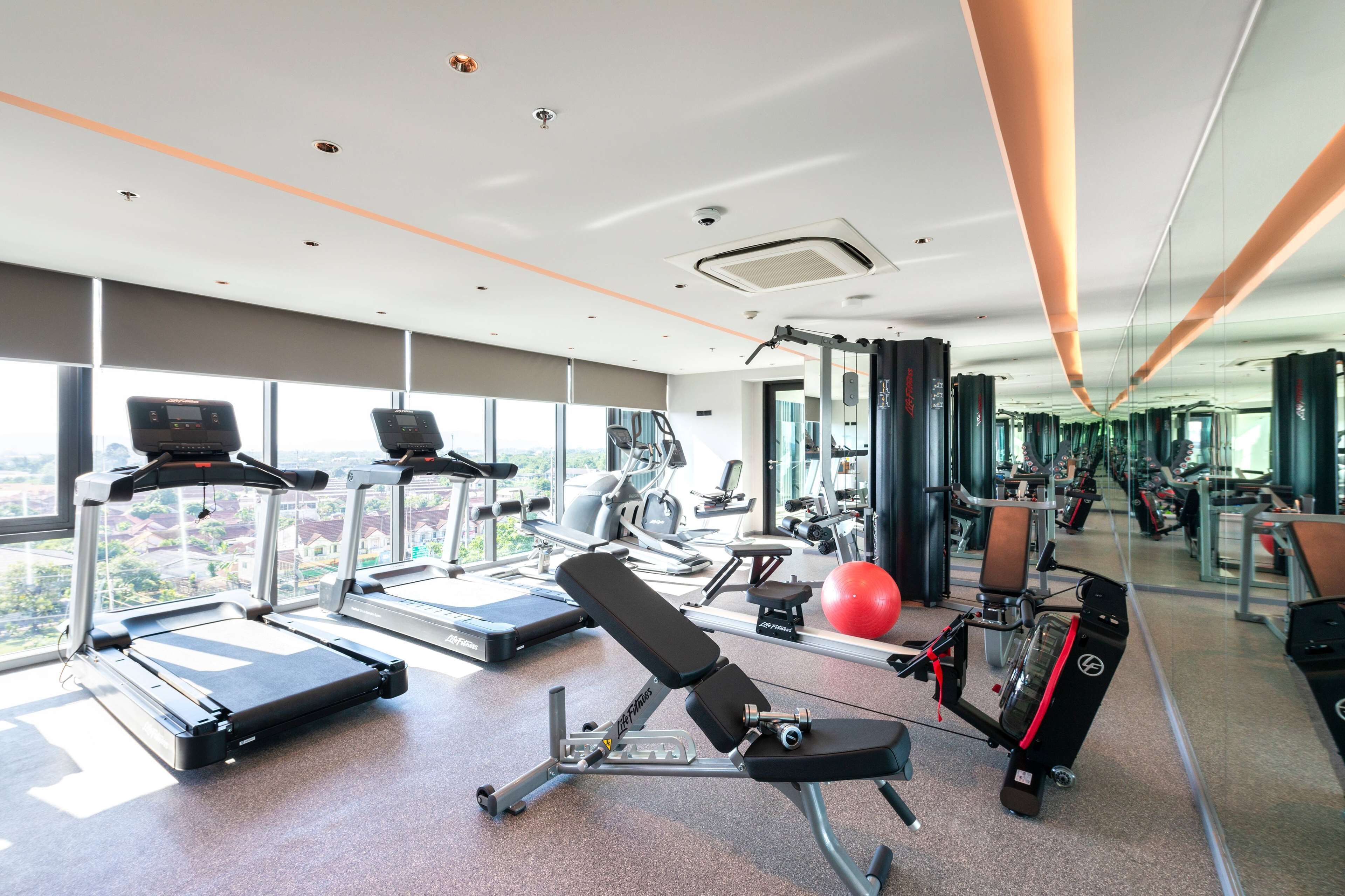 Un gimnasio con cintas de correr, máquinas de pesas y pelotas de ejercicio.