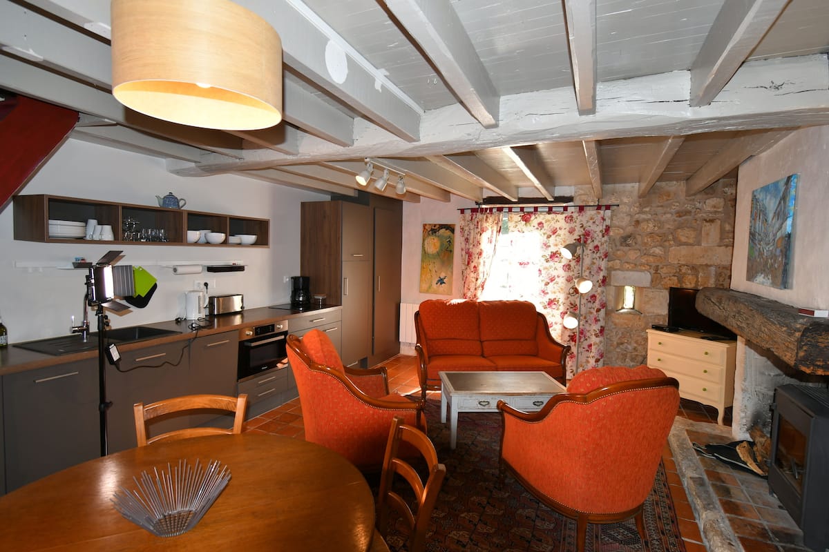 A cozy living room with a fireplace, wooden furniture, and a kitchen area with modern appliances.