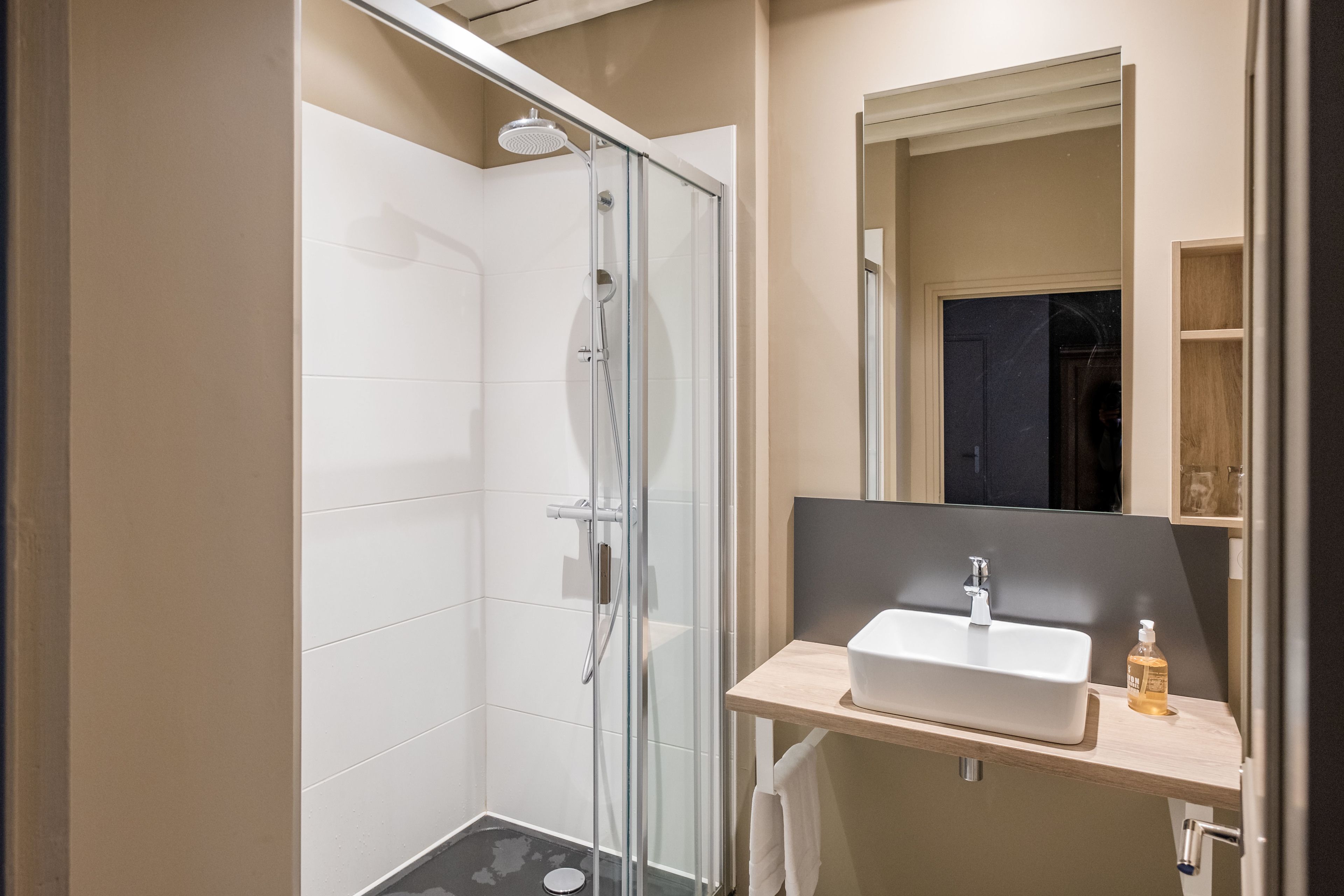 A modern bathroom with a glass-enclosed shower, a white sink, and a mirror above it.