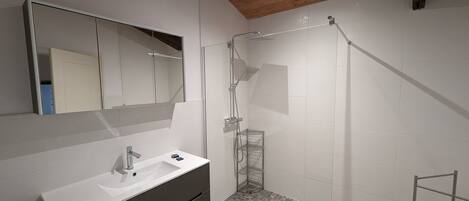 A modern bathroom with a white vanity, a glass shower enclosure, and a wooden ceiling.