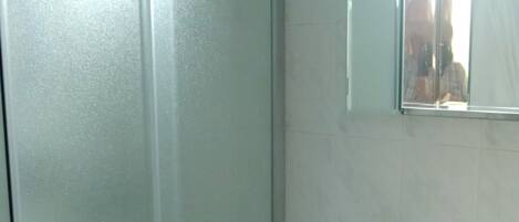 A bathroom with a glass shower enclosure, a white sink, and a mirror above the sink.