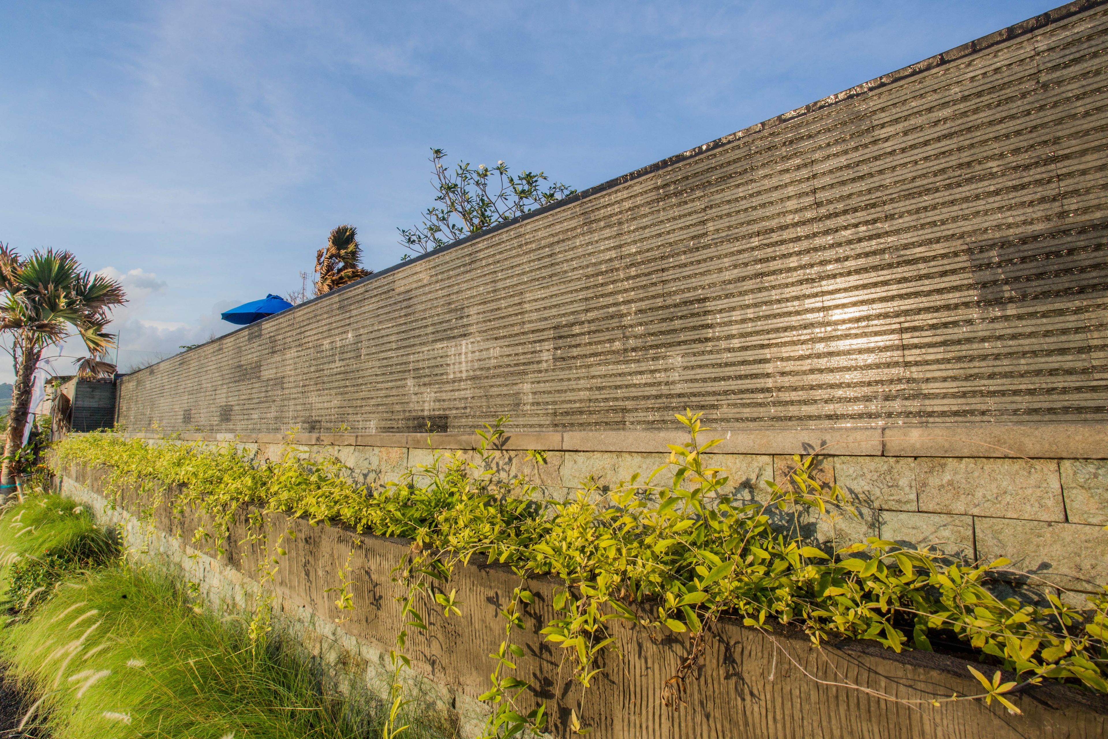 Pared de concreto con valla de madera y plantas verdes a lo largo.