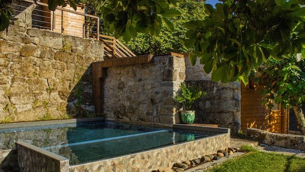 Une piscine en pierre avec une terrasse en bois, entourée de verdure et d’un mur de pierre.
