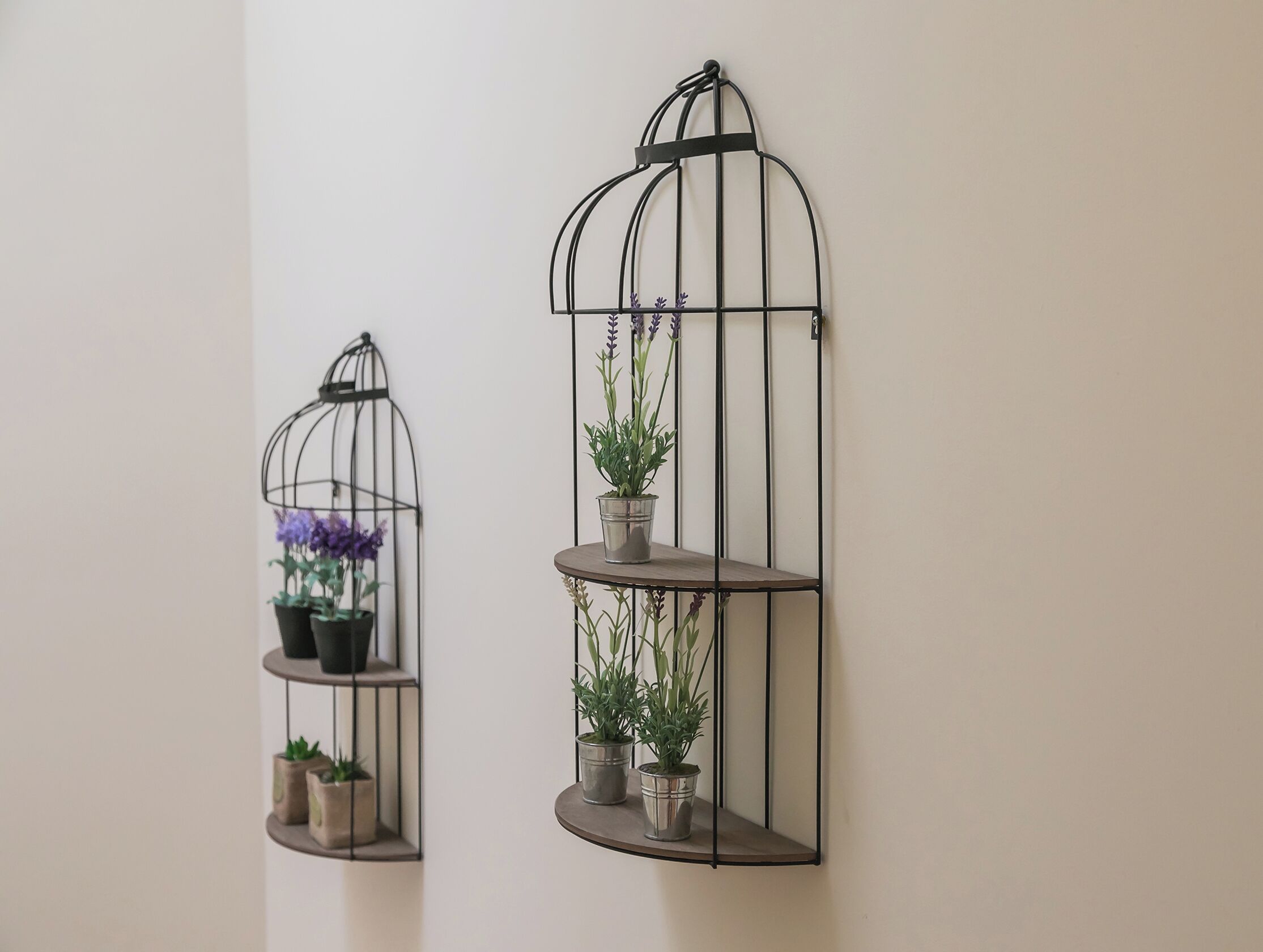 Dos estantes metálicos montados en la pared con plantas en macetas.