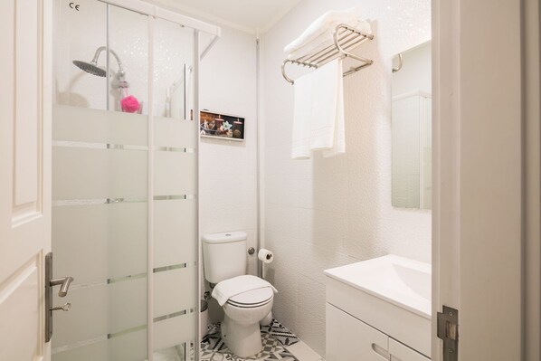 Une petite salle de bain moderne avec une douche à parois de verre, des toilettes et un lavabo.