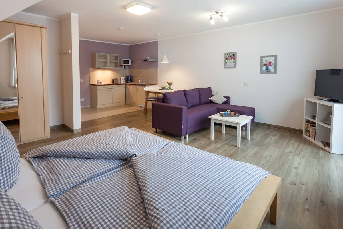 A modern apartment with a large bed, a purple sofa, a small kitchen, and a TV.