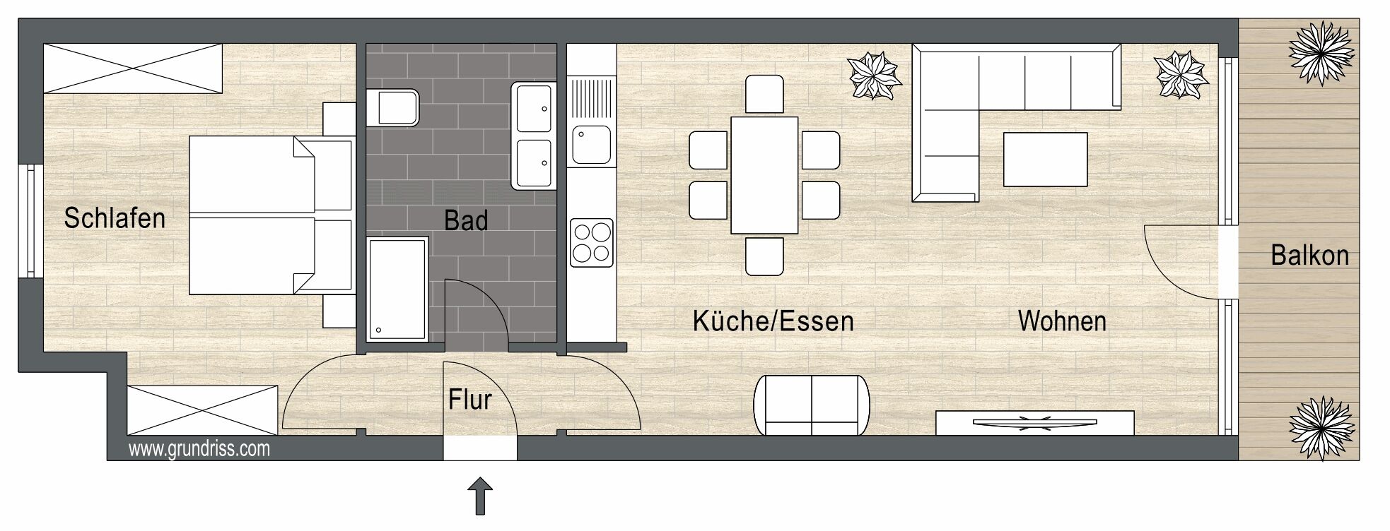 Plano de planta de un hotel que muestra habitaciones identificadas, incluyendo dormitorio, baño, cocina, comedor, sala de estar y balcón.