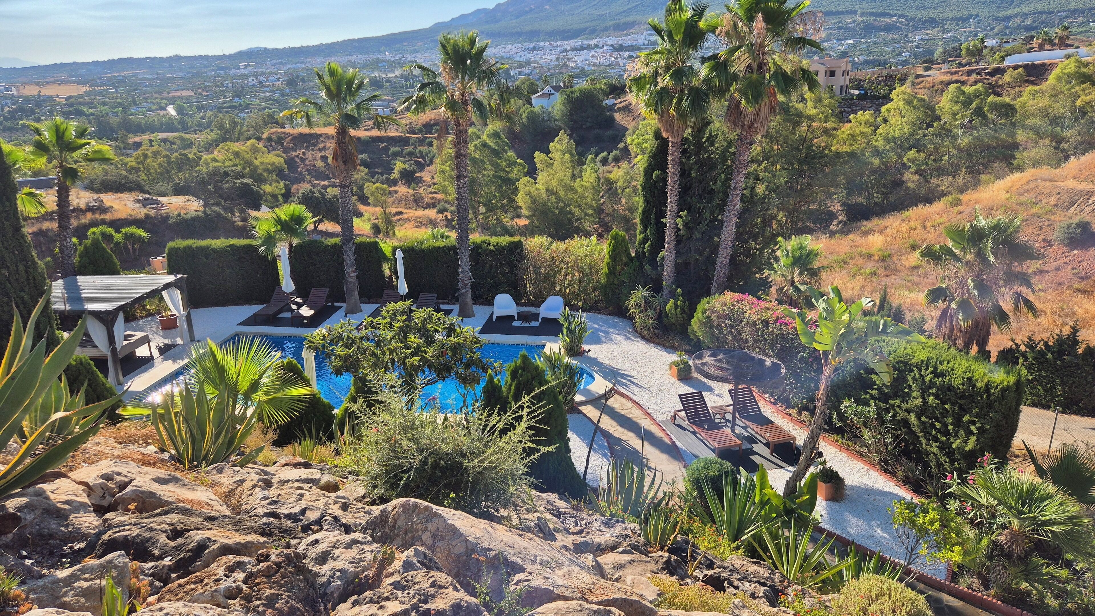 Outdoor pool, pool umbrellas, pool loungers