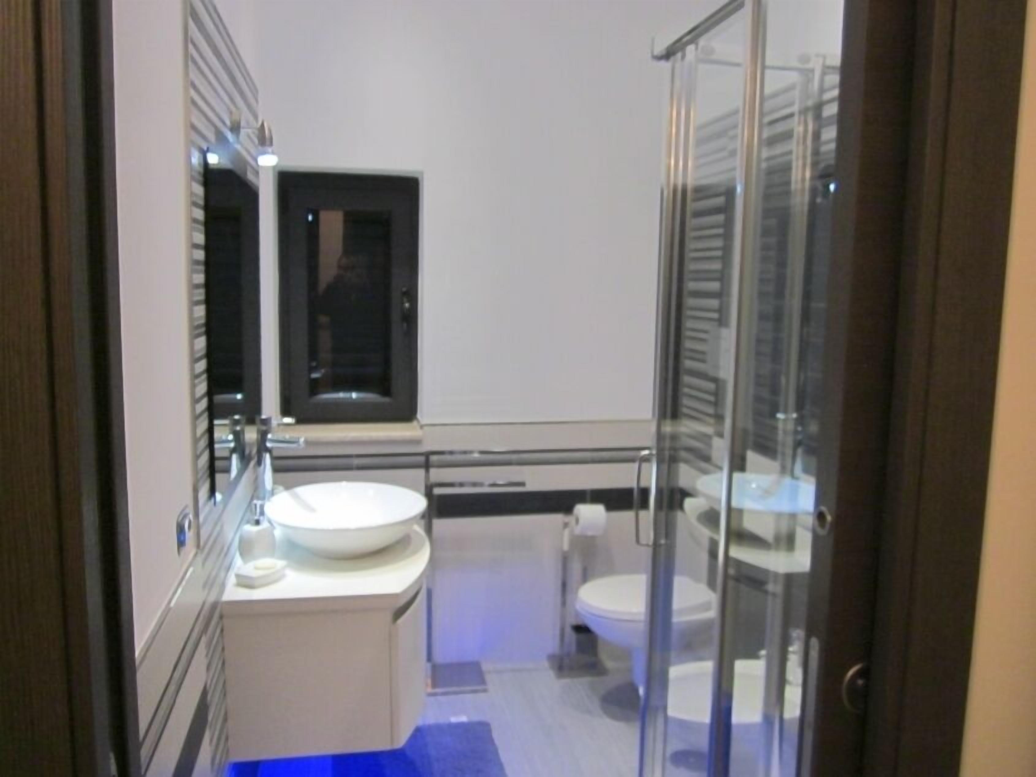 A modern bathroom with a glass shower enclosure, a white sink, and a toilet.