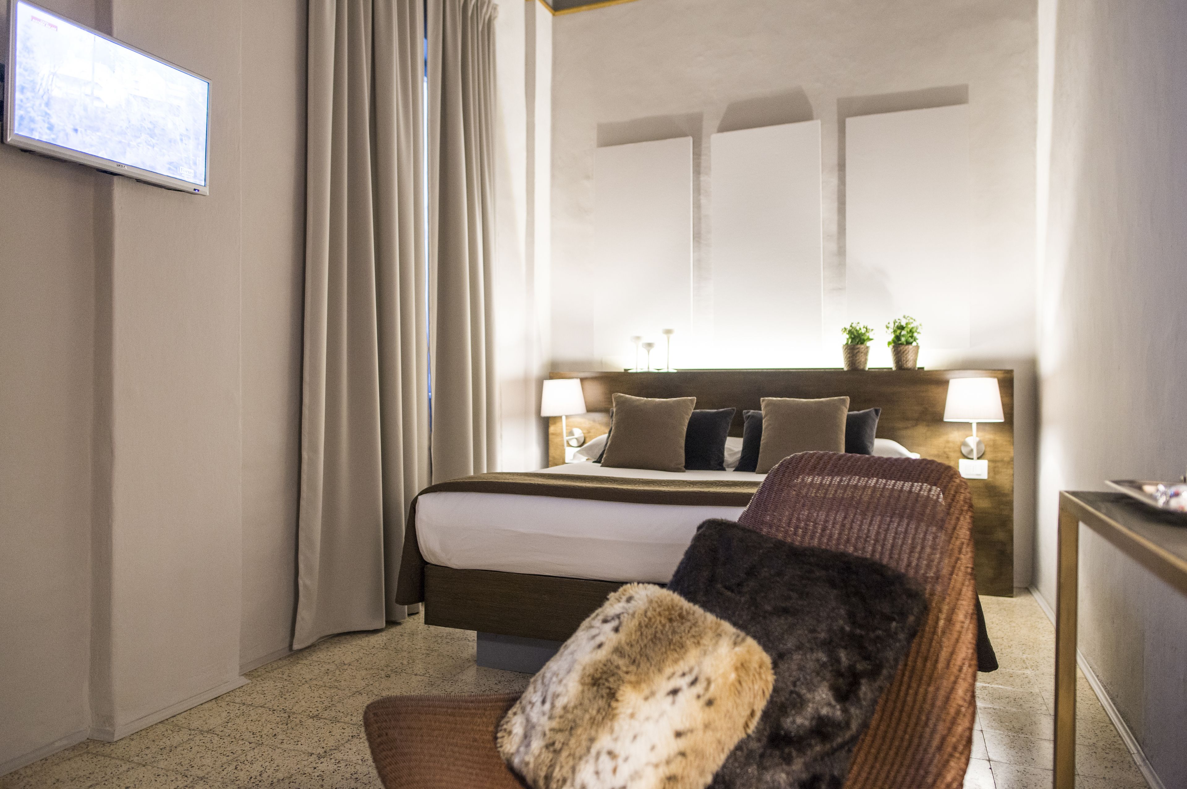 Une chambre d’hôtel avec un grand lit, un téléviseur à écran plat fixé au mur, une table de chevet en bois avec une lampe et une petite plante en pot.