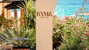 Schild mit der Aufschrift 'KYMA BEACH', mit Blick auf den Ozean und tropische Pflanzen.
