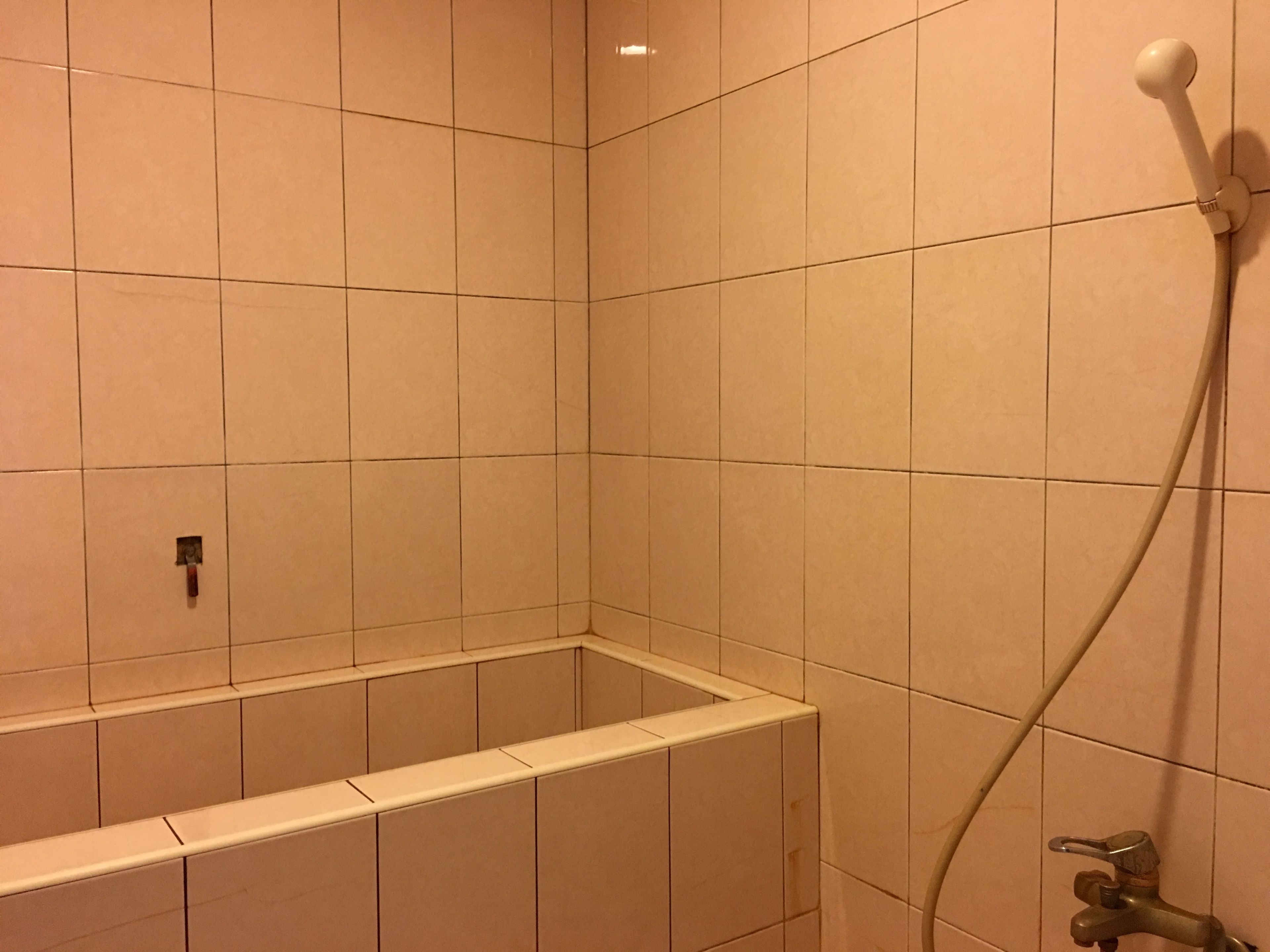 A bathroom with a bathtub, a showerhead, and a faucet.